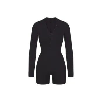 SKIMS COTTON JERSEY BUTTON UP HENLEY ONESIE Bodysuits Women's ONYX/Onyx