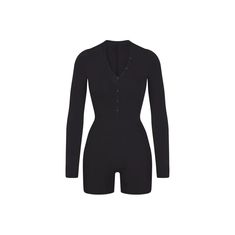 SKIMS COTTON JERSEY BUTTON UP HENLEY ONESIE Bodysuits Women's ONYX/Onyx-0
