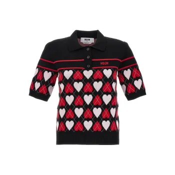 MSGM Heart Intarsia-Knit Polo Top