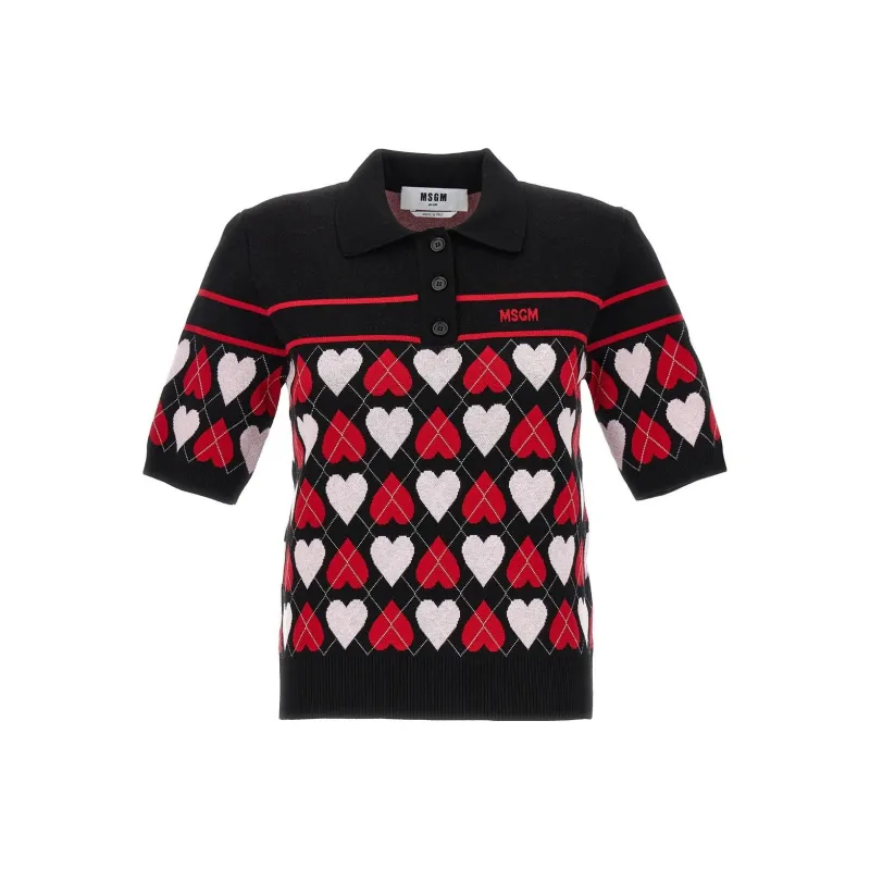 MSGM Heart Intarsia-Knit Polo Top-0