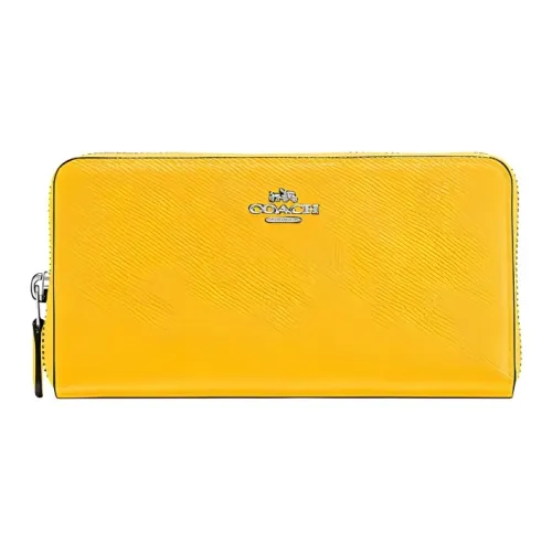 COACH Accordion Zip Cross-Stitch Leather Clutches Card Holder Wallet Women's Yellow