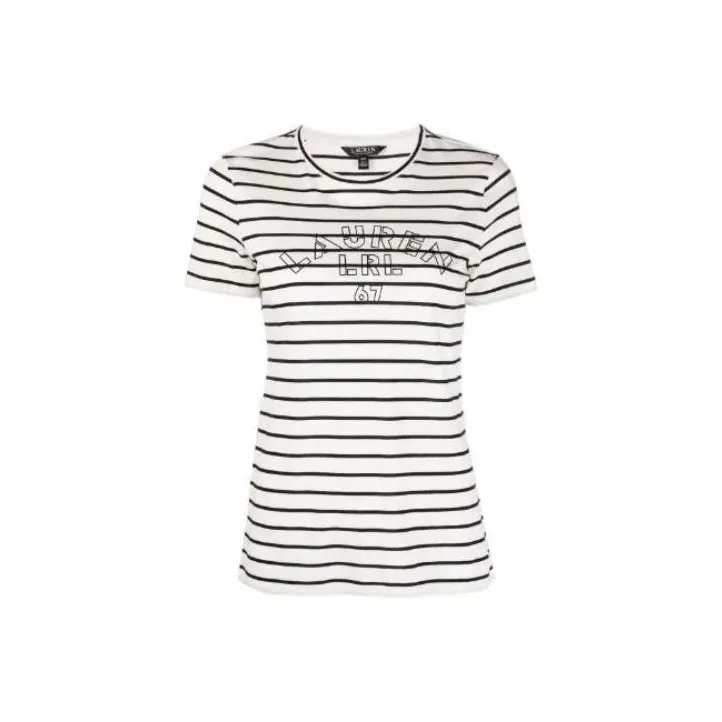 LAUREN RALPH LAUREN Logo Stripes Print Crew Neck Casual Short Sleeved T Shirt T Shirt Women's Black White-0