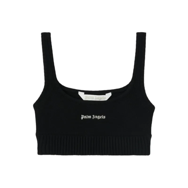 PALM ANGELS Logo Embroidered Cropped Knitted Tank Top-0