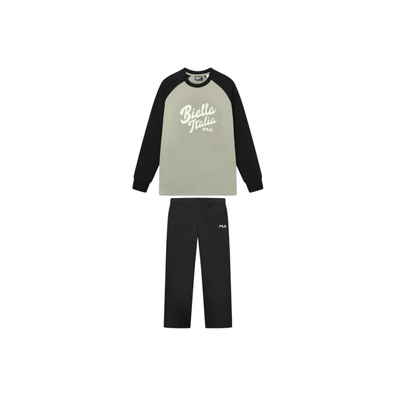 FILA Casual Sportswear Men Clothing Sets Light Sand Green Sweatshirt+Jet Black Pants-0