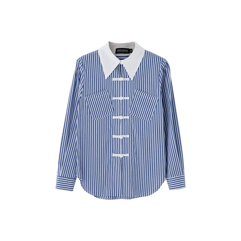 SOON FLOWER Shirt Women's Blue White Stripes-0