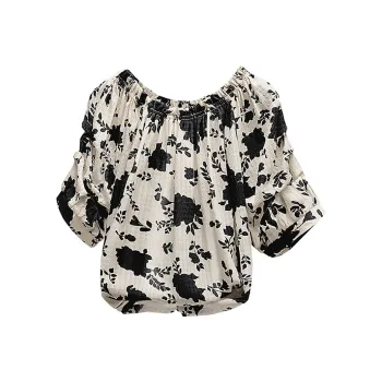 Cypress House T-Shirt Women's Beige Base With Black Flowers