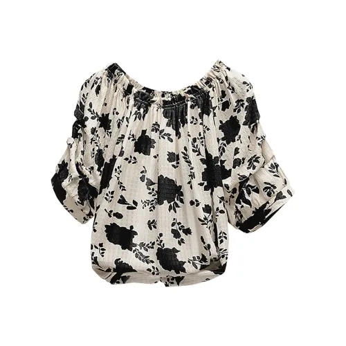 Cypress House T-Shirt Women's Beige Base With Black Flowers