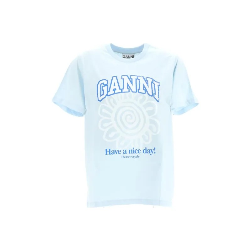 GANNI Drop Shoulder Sleeve T Shirt Women's Light Blue-0