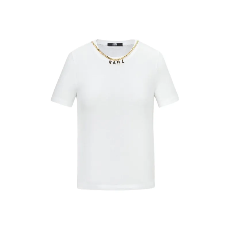 KARL LAGERFELD Logo Print Crew Neck Pullover Short Sleeved T Shirt Women's White-0
