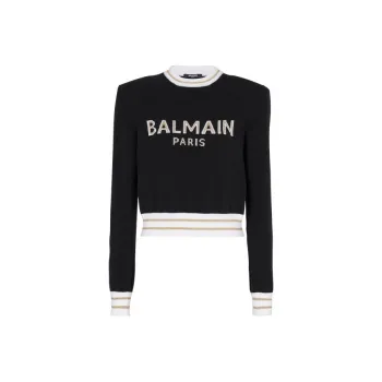 BALMAIN Logo Intarsia Knitted Cropped Jumper 'Black/Natural/Gold'
