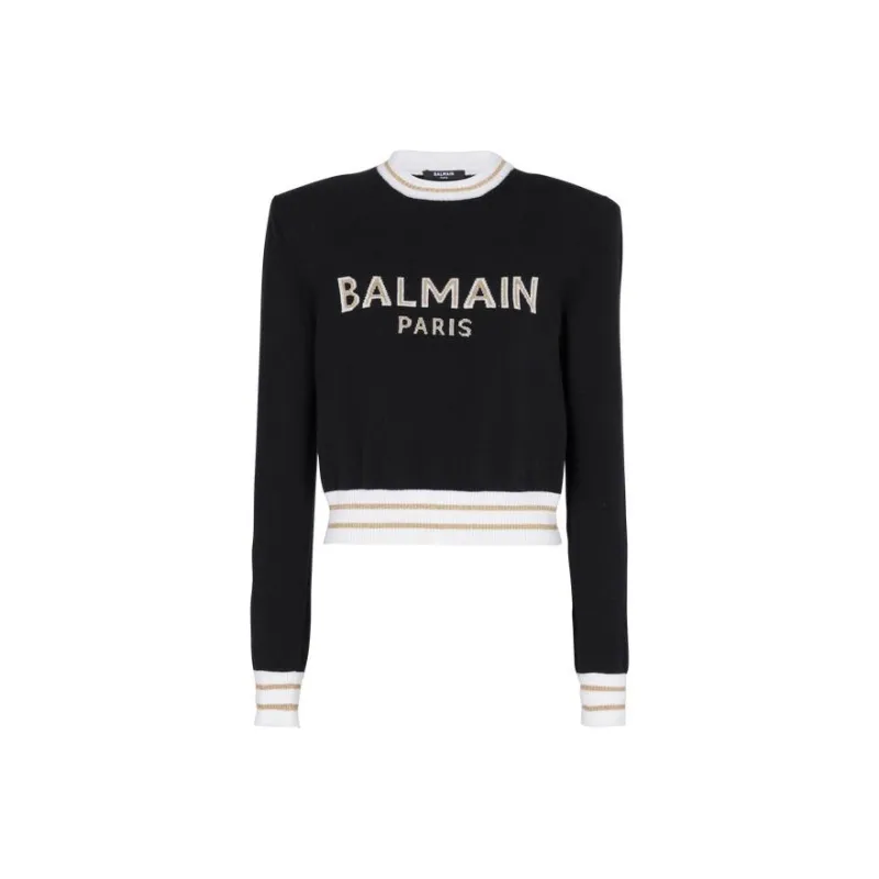 BALMAIN Logo Intarsia Knitted Cropped Jumper 'Black/Natural/Gold'-0