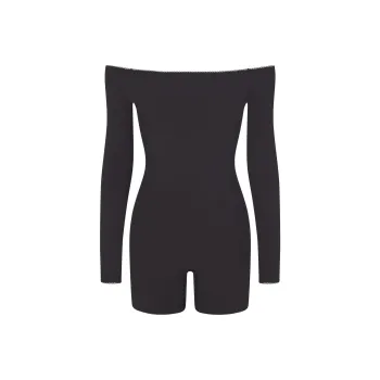 SKIMS FITS EVERYBODY PICOT TRIM OFF THE SHOULDER ONESIE Bodysuits Women's ONYX/Onyx