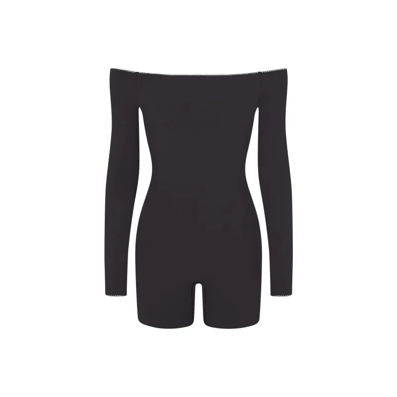 SKIMS FITS EVERYBODY PICOT TRIM OFF THE SHOULDER ONESIE Bodysuits Women's ONYX/Onyx-0