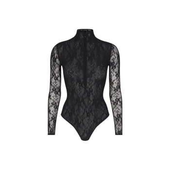 SKIMS STRETCH LACE LINED LONG SLEEVE THONG BODYSUIT Bodysuits Women's ONYX/Onyx