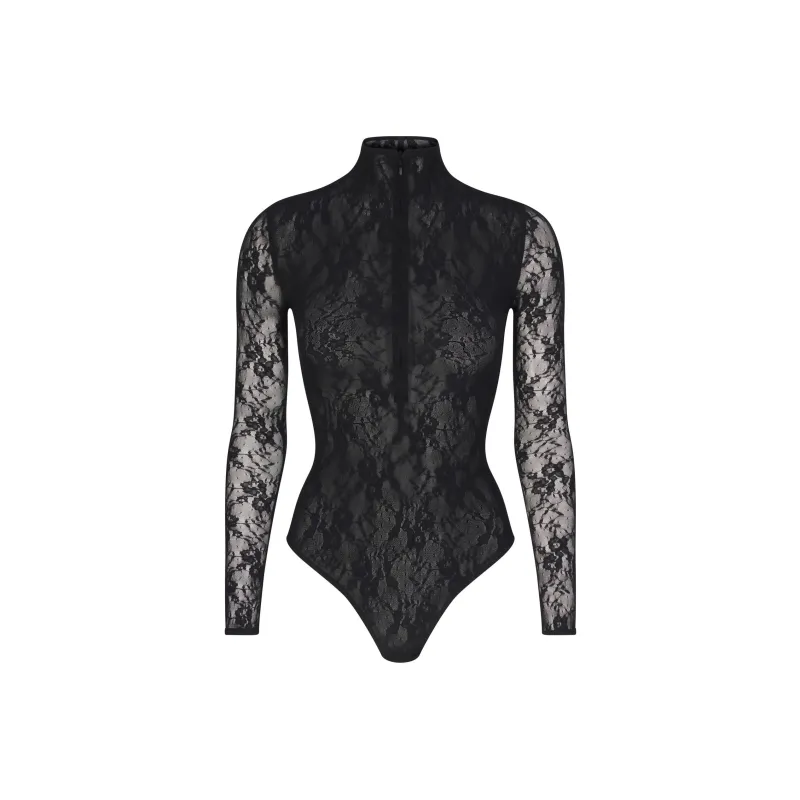 SKIMS STRETCH LACE LINED LONG SLEEVE THONG BODYSUIT Bodysuits Women's ONYX/Onyx-0