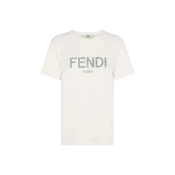 FENDI Logo Letter Print Straight Fit Short Sleeved T Shirt T Shirt Women's White
