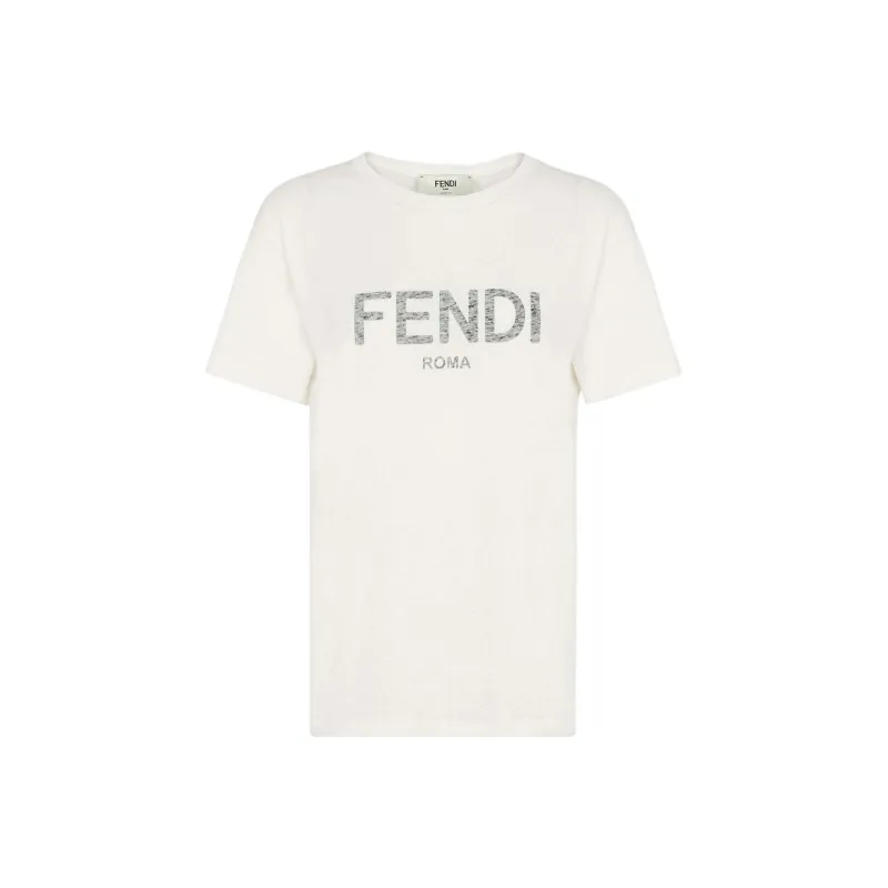 FENDI Logo Letter Print Straight Fit Short Sleeved T Shirt T Shirt Women's White-0