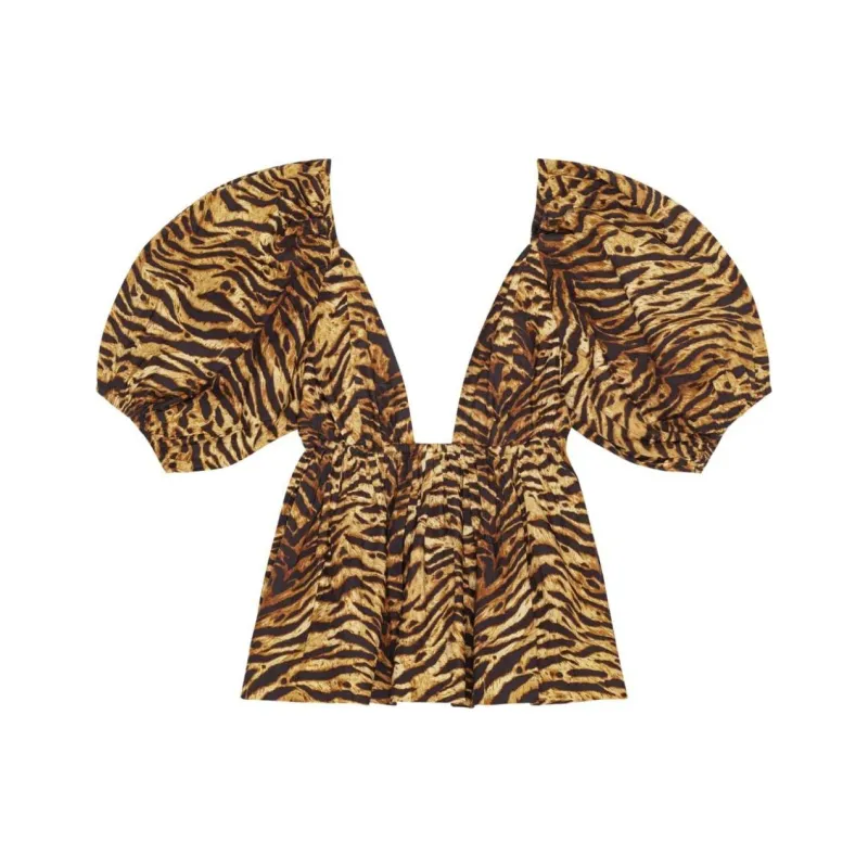 GANNI Tiger print Organic Cotton Flared Blouse-0