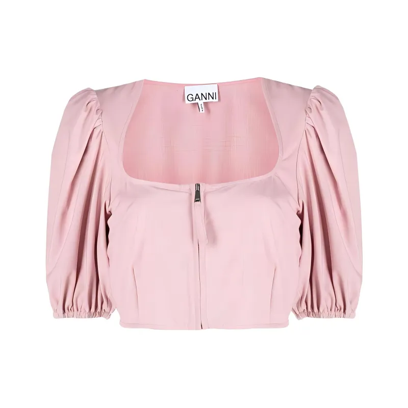 GANNI Puff Sleeved Cropped Top-1