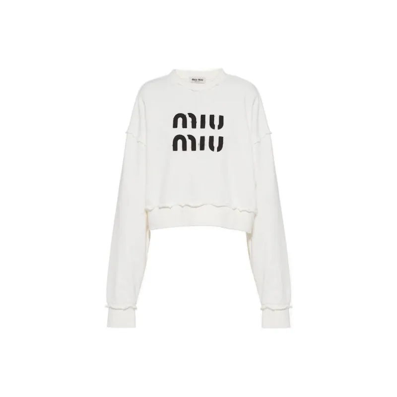 MIU MIU Logo embroidered Distressed Cotton Sweatshirt-0