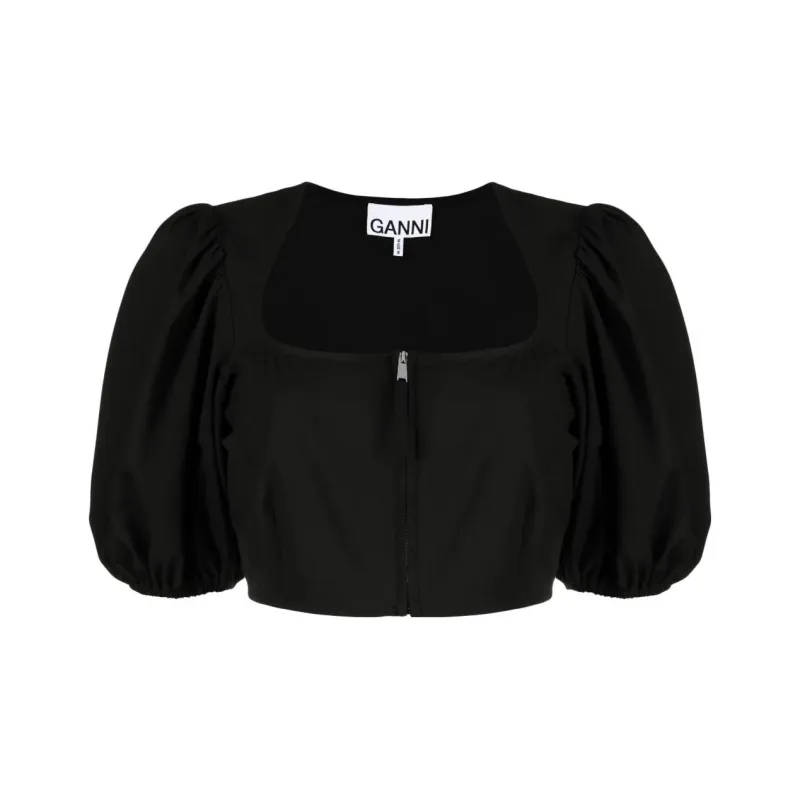 GANNI Puff Sleeved Cropped Top-0