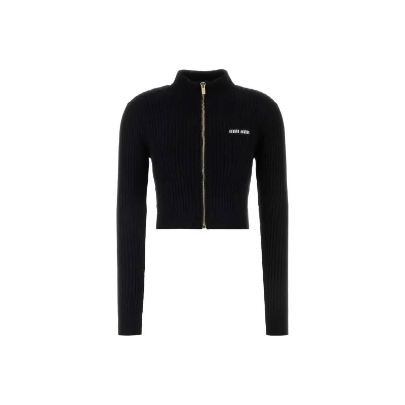 MIU MIU Logo Detailed Zip Up Knitted Cardigan-0