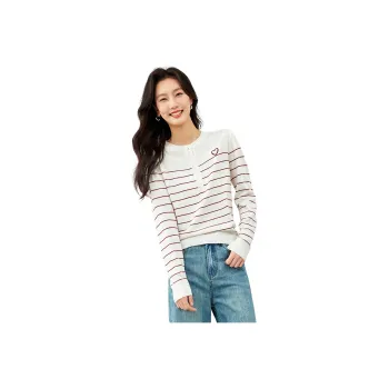 VIMLY Knitwear Women's White Base Red Stripes