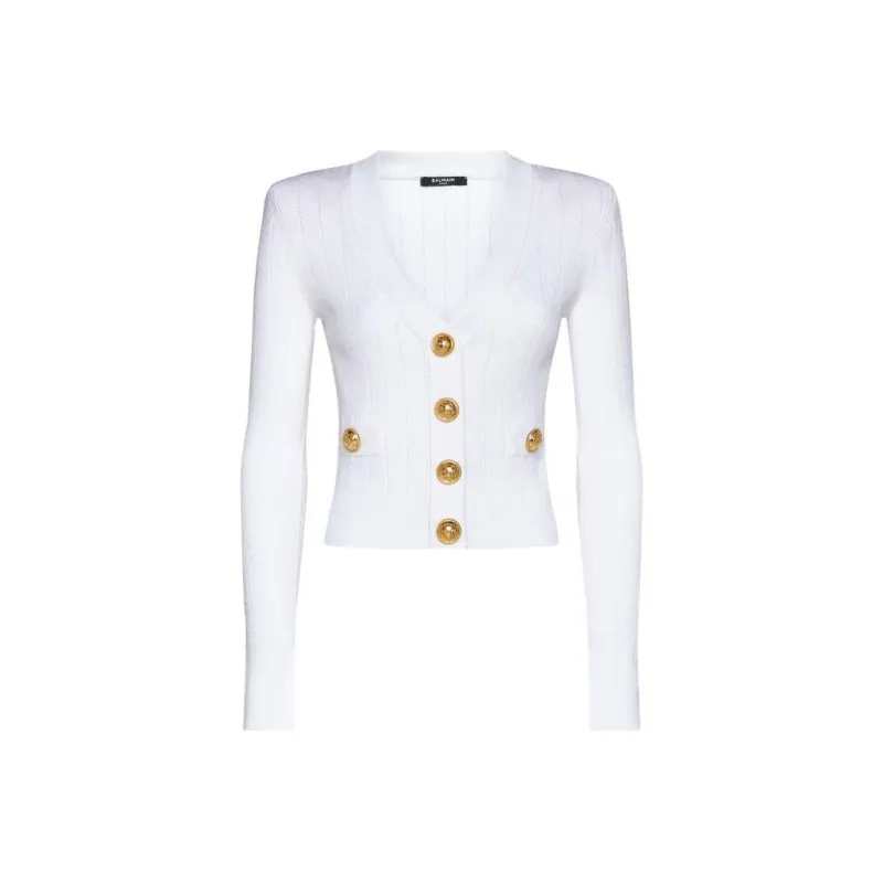 BALMAIN Pointelle knit V neck Cardigan-0