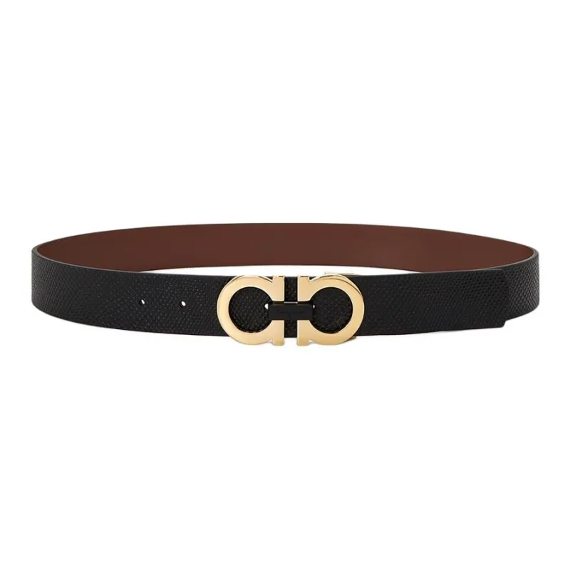 FERRAGAMO Calfskin Leather Belts Men's Black Width 3.5CM-0