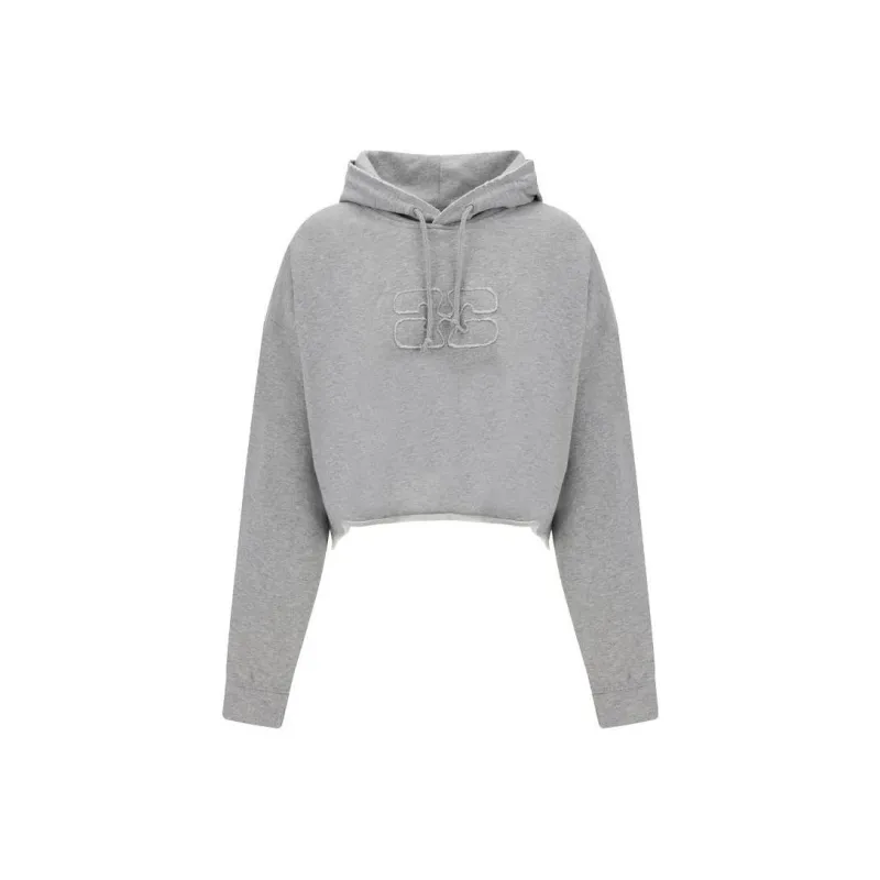 GANNI Logo Embroidered Drawstring Cropped Hoodie-0
