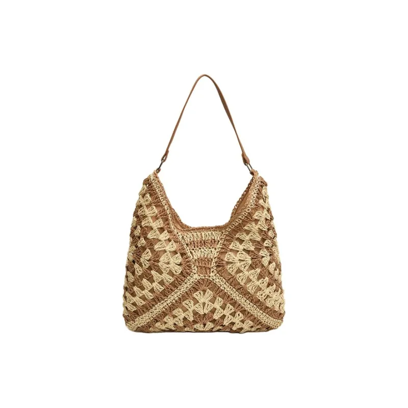 SUN EARTH &U PU With Straw Woven Shoulder Bag Women's Black/Khaki-3