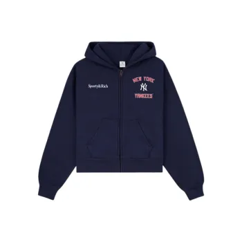 SPORTY & RICH Home Run Cropped Zipped Hoodie 'Navy/Sports Red/White'