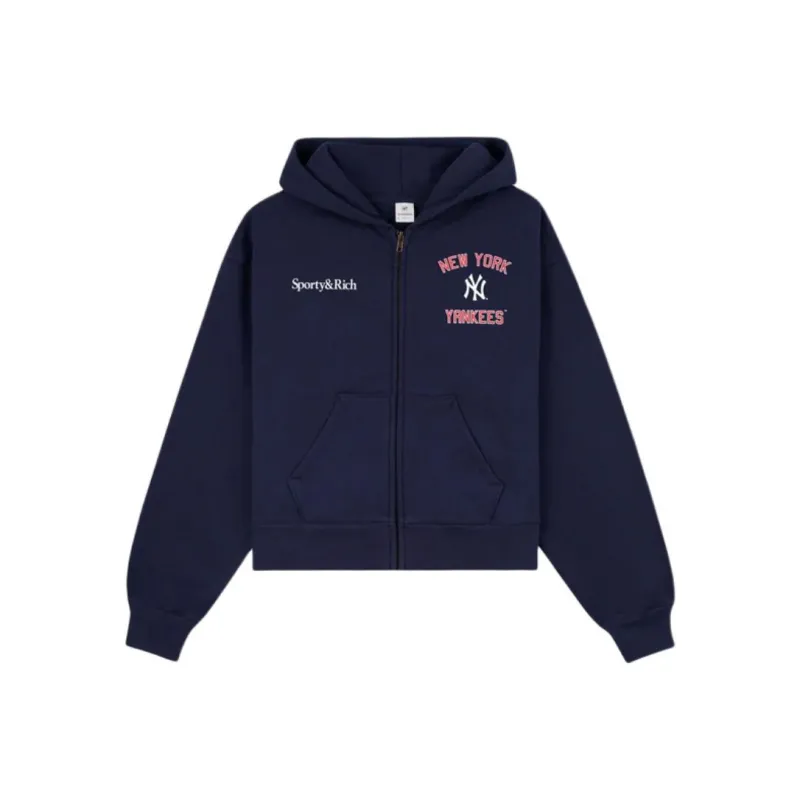 SPORTY & RICH Home Run Cropped Zipped Hoodie 'Navy/Sports Red/White'-0