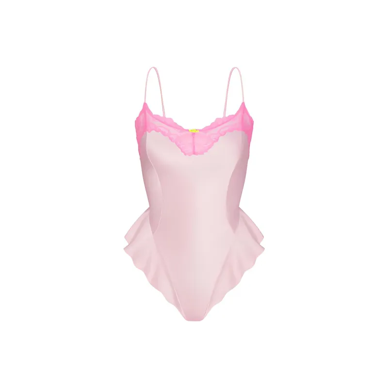 SKIMS Valentine's Day WOVEN SHINE LACE TEDDY Bodysuits Women's Cherry Blossom/Pink-0