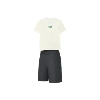 FILA Casual Sportswear Men Clothing Set Sweet Milk White Short Sleeved Shirt+Deep Ink Gray Shorts