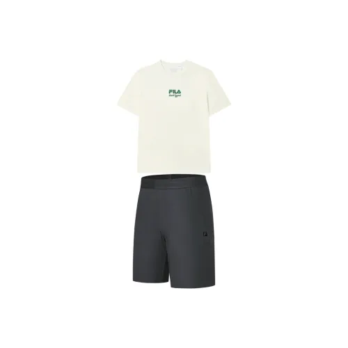 FILA Casual Sportswear Men Clothing Set Sweet Milk White Short Sleeved Shirt+Deep Ink Gray Shorts