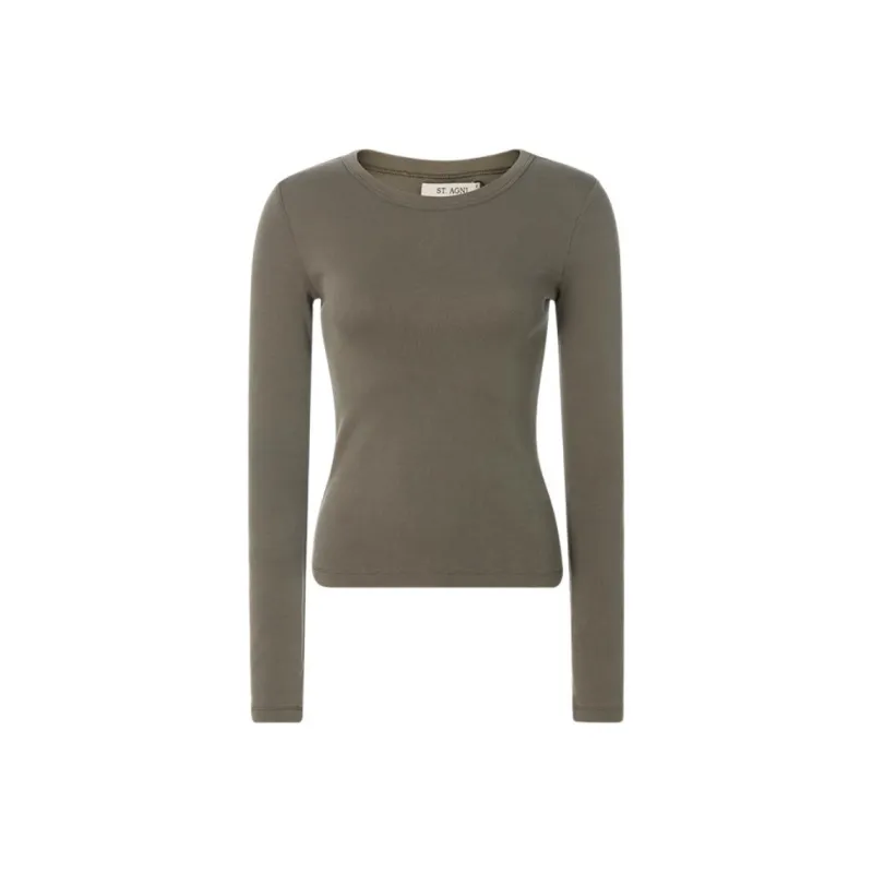 ST. AGNI Solid Color Crew Neck Slim Fit Long-Sleeved T-Shirt Women's Green-0