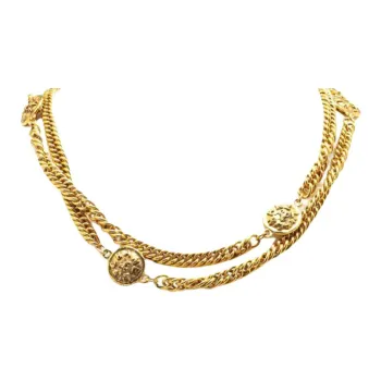 CHANEL 1980 1990 Plated Medallion Station Long Necklace Costume Necklace