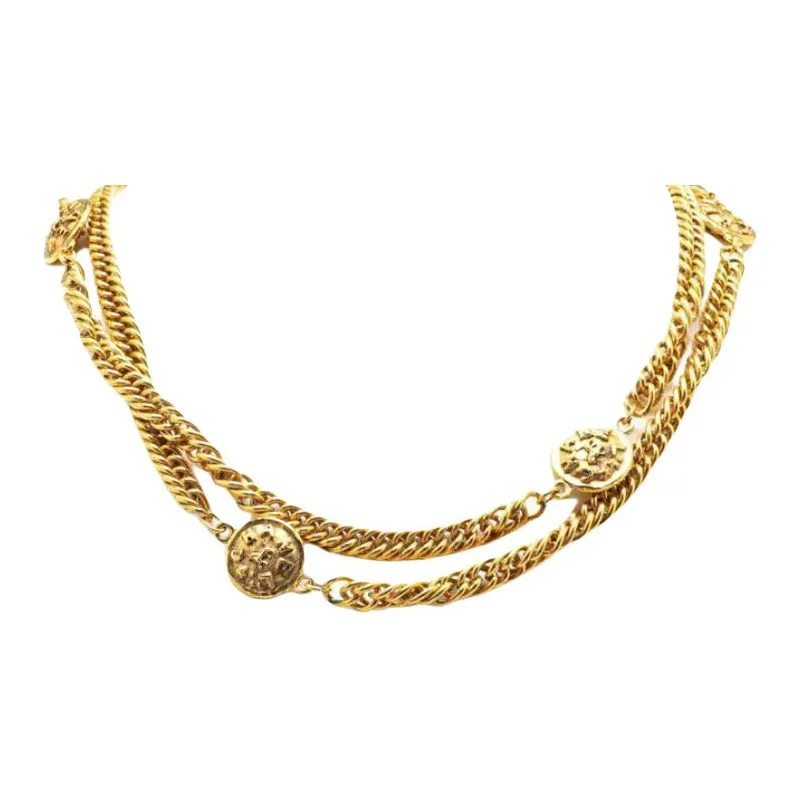 CHANEL 1980 1990 Plated Medallion Station Long Necklace Costume Necklace-0