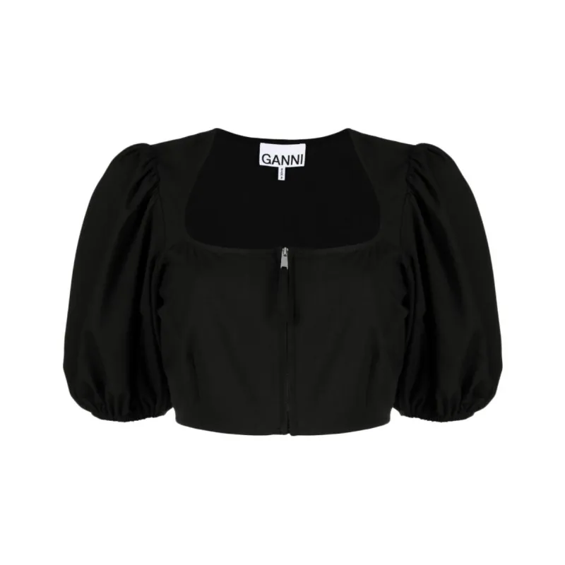 GANNI Puff Sleeved Cropped Top-0