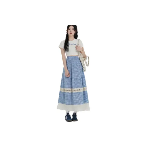 Si Bei'er Casual Long Skirt Women's Blue Plaid