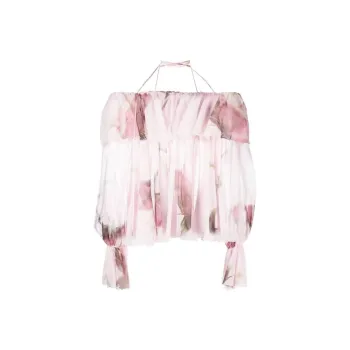 Blumarine Floral Print Off Shoulder Ruffled Top