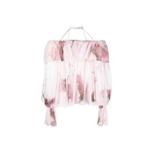 Blumarine Floral Print Off Shoulder Ruffled Top