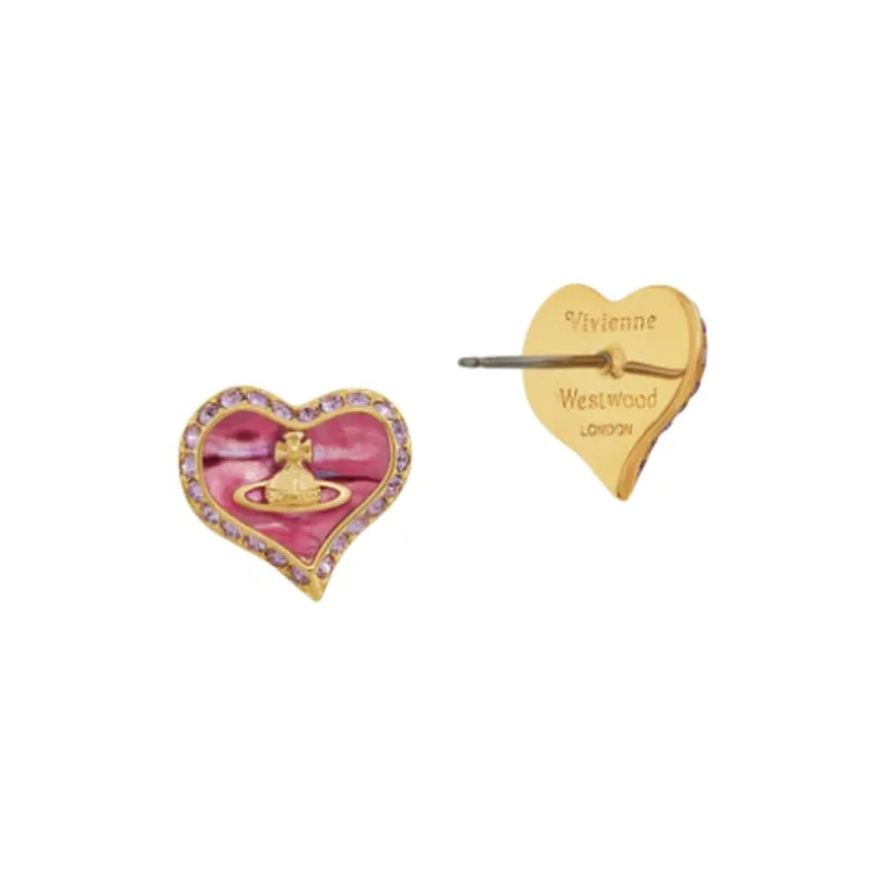 Vivienne Westwood Brass Irregular Heart Saturn Logo Stud Earrings Women's Gold/Neon Pink-1
