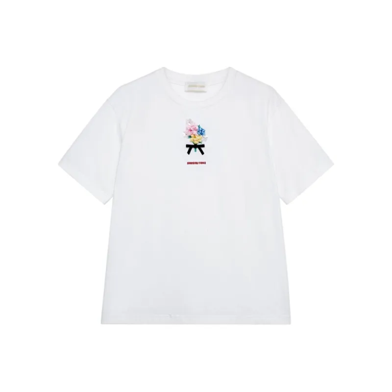 SHUSHUTONG Drop Shoulder Sleeve T Shirt Women's White-0