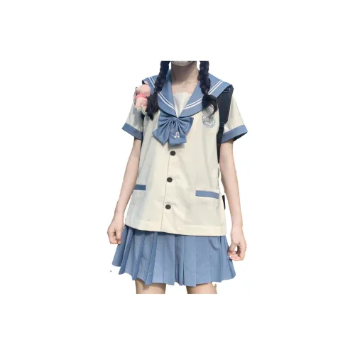 SHENBEI JK Shirts Women's Poppy Rabbit Short Sleeved Sailor Suit+Skirt+Bow Tie