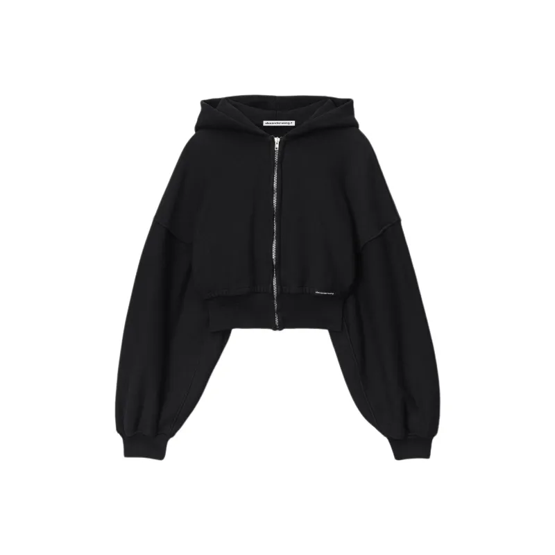 T By Alexander Wang Branded Seam Label Cropped Zip Up Hoodie Faded Black-0