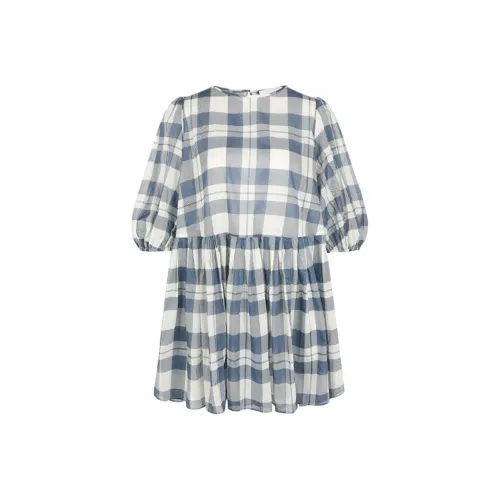 Selkie Collection SS24 Shirt Women's Navy Blue With nera Plaid Tea Towel Print