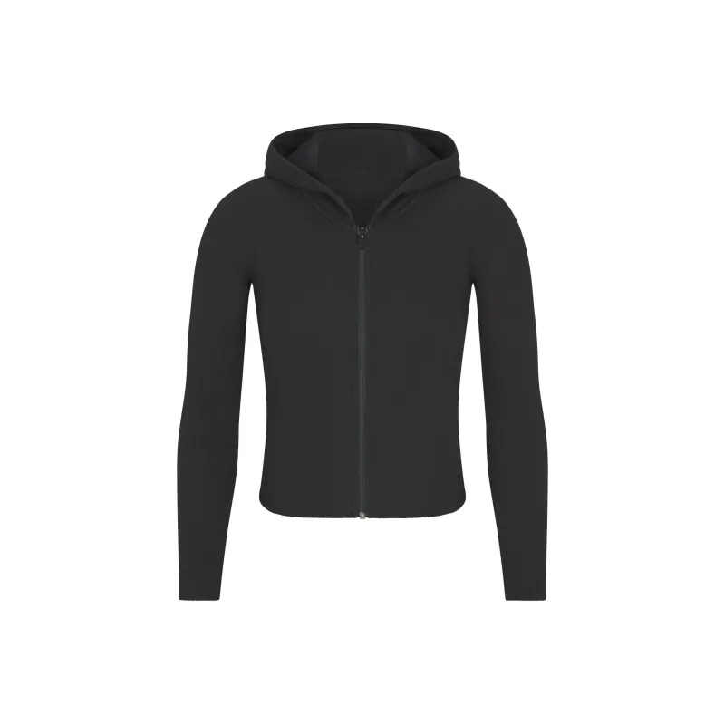SKIMS FW24 Cotton Collection COTTON RIB ZIP UP HOODIE Sweatshirt Women's SOOT/Smoke Gray-0