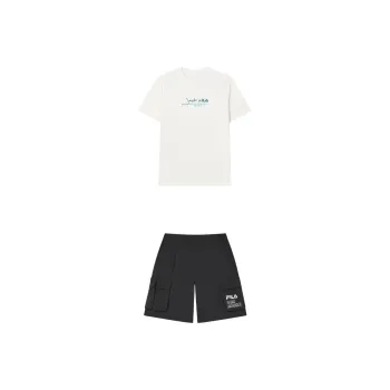 FILA Casual Sportswear Men Clothing Set Cloud White Top+Jet Black Shorts